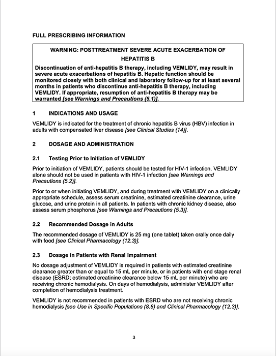 VEMLIDY® (tenofovir alafenamide) prescribing information